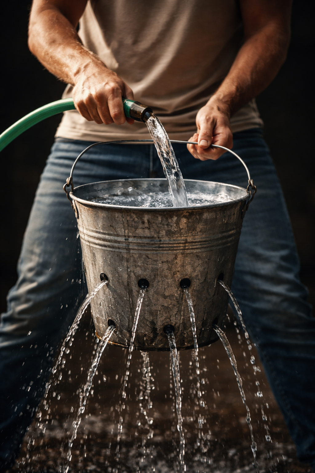 Balde con agujeros perdiendo agua